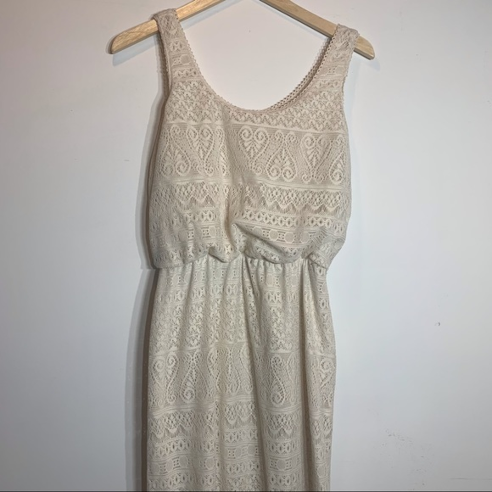 Cream Floral Lace Sleeveless Maxi‎ Dress Boho Elastic Waist Scoop Neck Ivory 8
